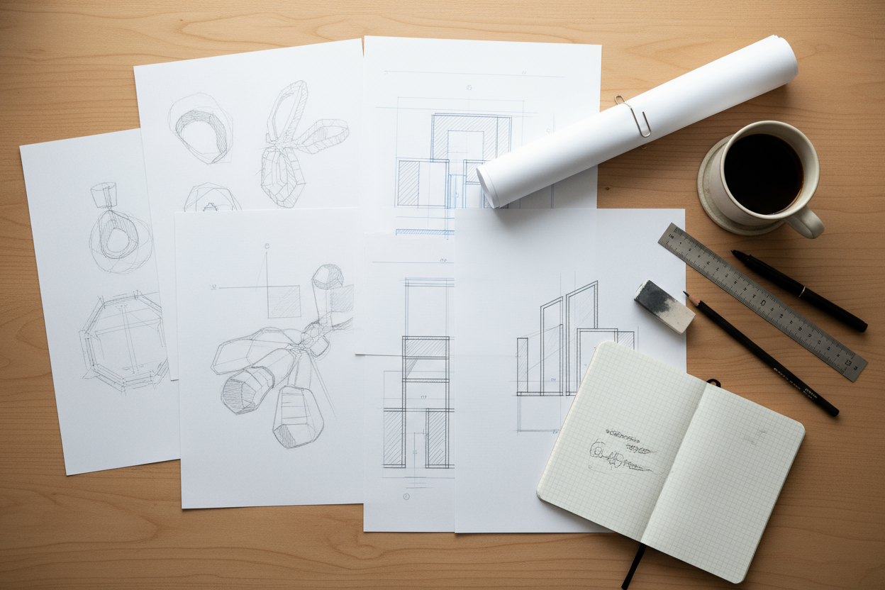 bu cok cizgifilim gibi olmus. Daha sade olsun. bir masanin ustunu goruntulesin ve ustunde eskiz cizimler cetvel ve kalemler olan bir masa v.b. 